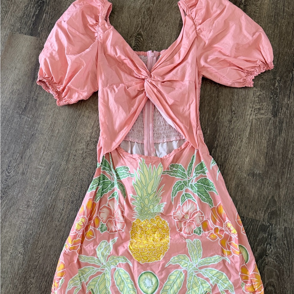 Kenny Flowrs Pink Puff Sleeve Dress with Pineapple Print